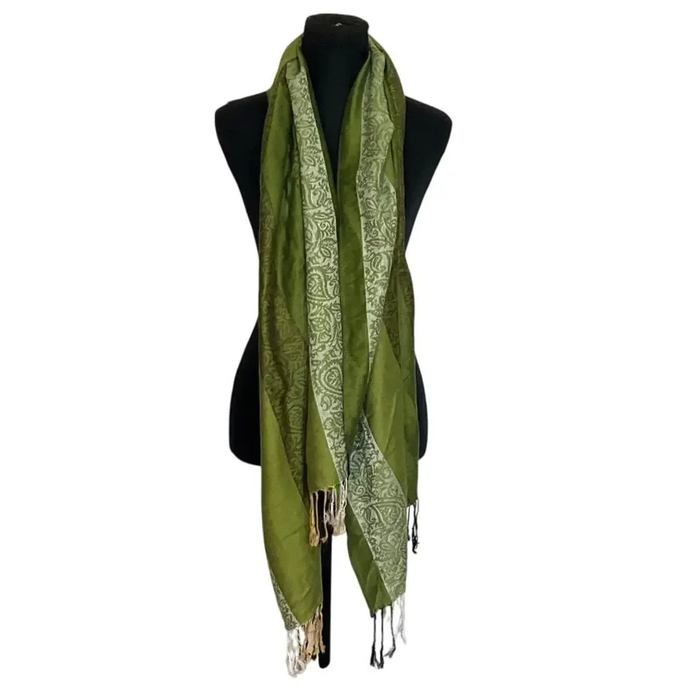Pashmina Olive Green Paisley Fringe Shawl Wrap Scarf 23x72 Boho 100% Pashmina